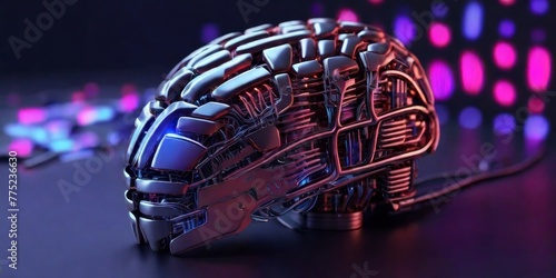 closeup electronic brain from metal case on black background, future concept