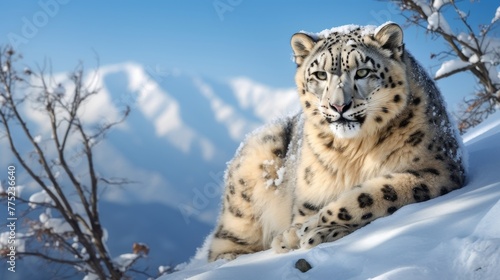 Mountainous terrain with rare snow leopard and sky