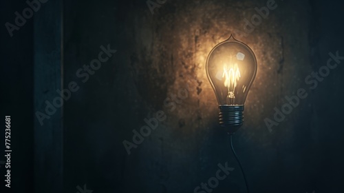Illuminated light bulb against a dark textured background photo
