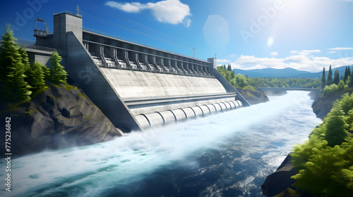 hydro power station photo, waterfall dam view, bird's eye view hydro dam