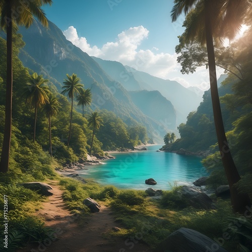 Serene landscape of a crystal-clear lake surrounded by lush greenery and towering mountains bathed in soft sunlight