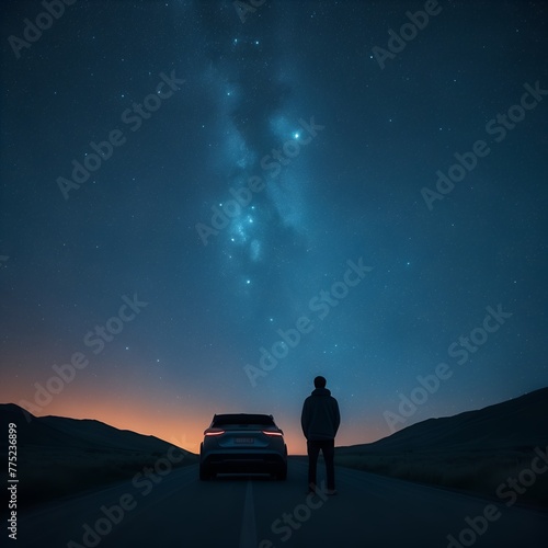 Person standing beside a car, gazing at the mesmerizing Milky Way in the serene, dark night sky