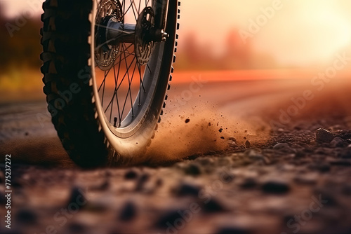 Trial sports bike wheel in the sun shine. Close up view of a mountain bike wheel.