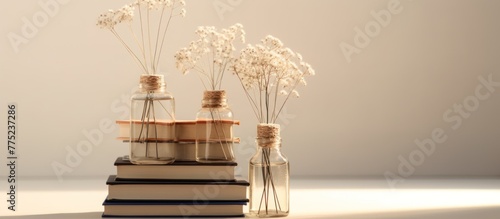 Books and flower, home decoration concept, AI generated