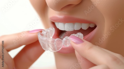 Young Caucasian woman inserting a dental aligner. Close-up view. The aligner fits seamlessly, enhancing her natural beauty.