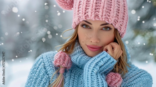Woman in Blue Sweater and Pink Hat