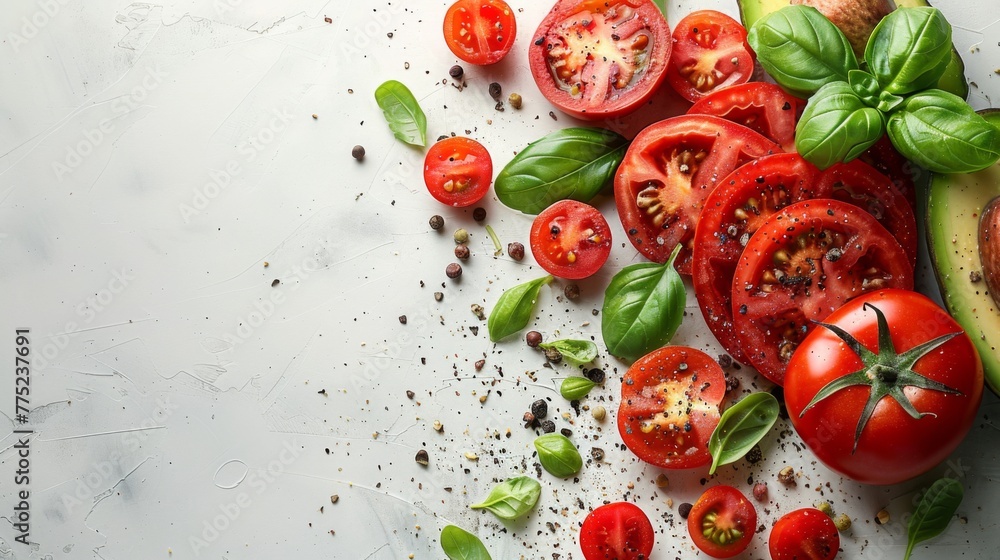 A virtual illustration of a compact arrangement of hot, sliced avocado and tomatoes at the top right, against a white background. The minimal use of space for the subject leaves a generous blank area A virtual illustration of a compact arrangement of hot, sliced avocado and tomatoes at the top right, against a white background. The minimal use of space for the subject leaves a generous blank area