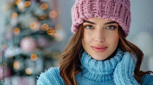 Woman Wearing Blue Scarf and Pink Knitted Hat