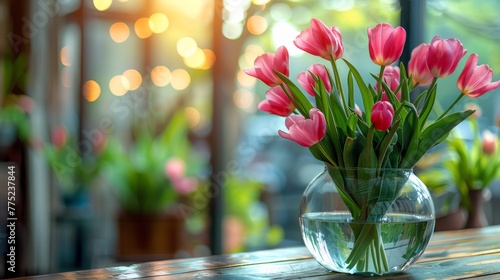 Pink Flowers in Vase on Wooden Table