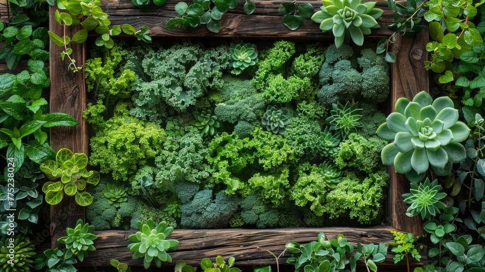 An AI image of a picture frame crafted from green vegetables, displaying various shades of green in a minimalist fashion against a white background, highlighting freshness and vitality.