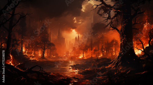 massive forest fire as it rages unchecked through the trees, casting a hellish glow across the landscape. devastating power of nature's fury as flames leap and dance amidst the dense foliage