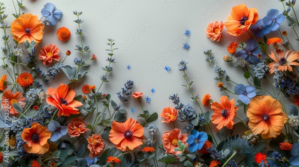 An AI-designed image featuring a picture frame constructed of beautifully arranged edible flowers, including nasturtium, lavender, and chamomile, set against a clean white background An AI-designed image featuring a picture frame constructed of beautifully arranged edible flowers, including nasturtium, lavender, and chamomile, set against a clean white background