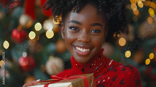 Woman Holding Christmas Present by Christmas Tree