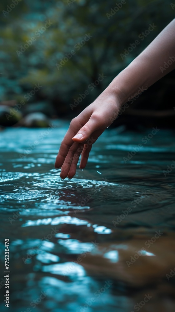 Hand touching calm water surface with forest background