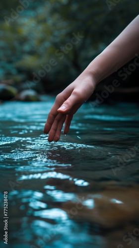 Hand touching calm water surface with forest background