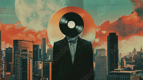 Surreal cityscape with vinyl record head
