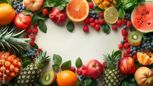 An AI-generated image of a frame composed of freshly cut summer fruits  including watermelon and pineapple  set on a white background  celebrating the essence of summer with vivid colors