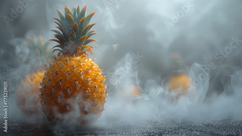An AI-generated image with a small, steaming pineapple piece positioned in the center left, against a white background that dominates the scene photo