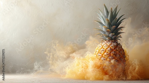 An AI-generated image with a small, steaming pineapple piece positioned in the center left, against a white background that dominates the scene, offering a vast space for expansive