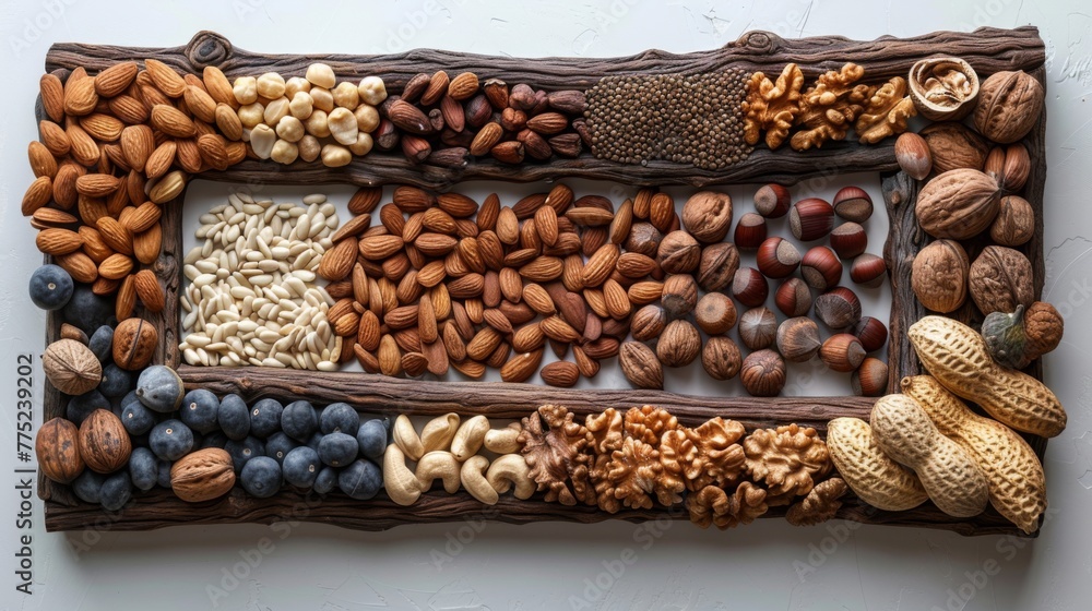 An AI-rendered image depicting a picture frame crafted from an array of nuts, from almonds to walnuts, displayed on a white background, where the natural textures and earth tones are emphasized An AI-rendered image depicting a picture frame crafted from an array of nuts, from almonds to walnuts, displayed on a white background, where the natural textures and earth tones are emphasized