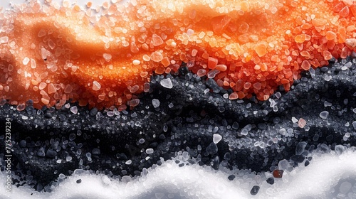 An AI-rendered image depicting a picture frame created from a collection of gourmet salts - Himalayan pink, sea salt, and black lava - displayed on a white background, where the contrast of colors