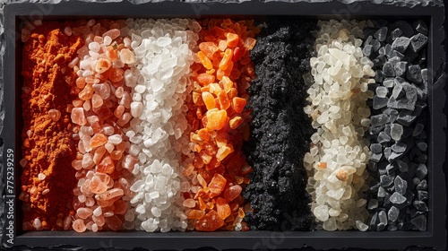 An AI-rendered image depicting a picture frame created from a collection of gourmet salts - Himalayan pink, sea salt, and black lava - displayed on a white background, where the contrast of colors