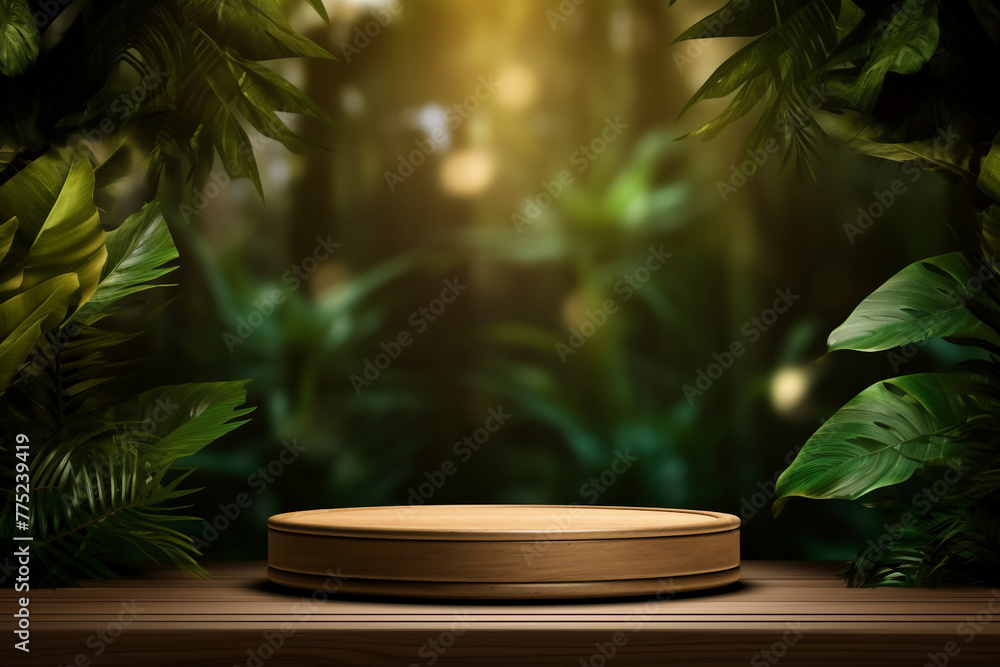 An empty round wooden podium set amidst a lush tropical forest and maximalist background a product display background or wallpaper concept with backlighting  - obrazy, fototapety, plakaty 