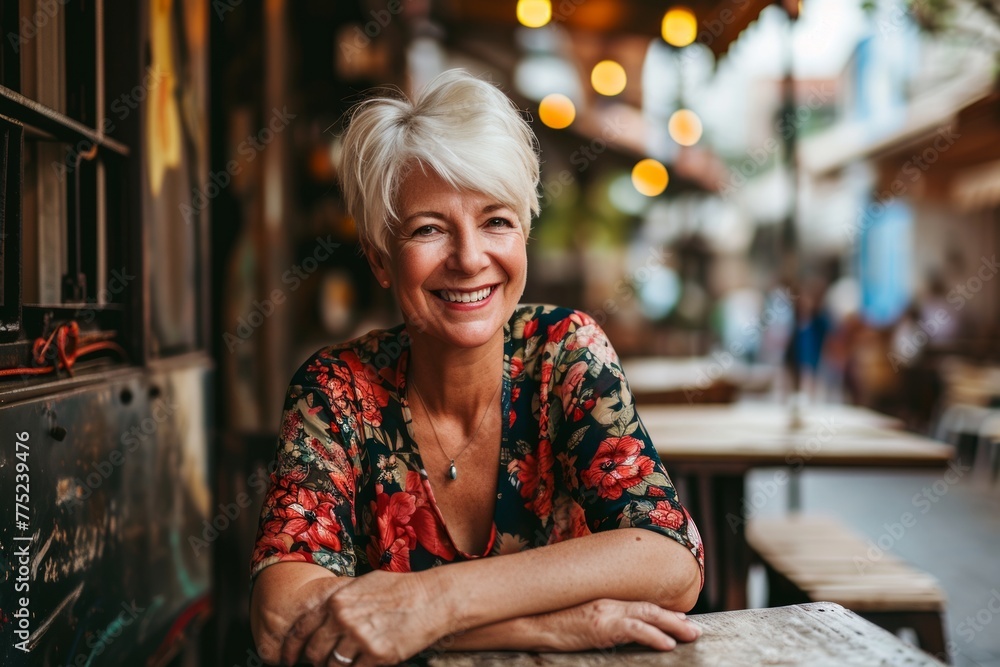 Portrait of a smiling senior woman sitting in a coffee shop.