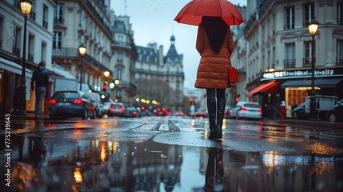 Cinematic parisian woman with umbrella in rain, photographic realism and soft reflections