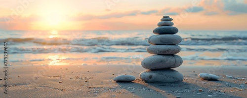Zen stones stacked on a beach at sunset