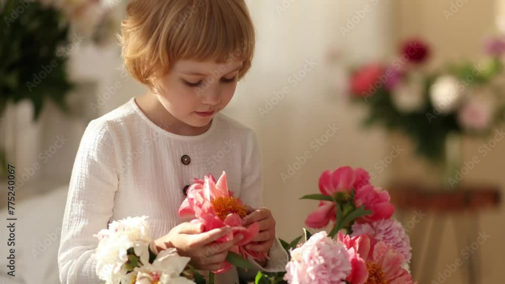 Caucasian child in white, holding pink and white flowers. Concept for family events, children's fashion and floristry. Caucasian child in white, holding pink and white flowers. Concept for family events, children's fashion and floristry.
