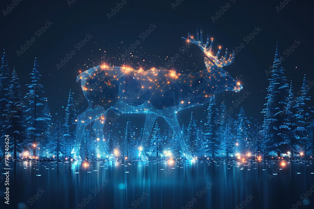 Naklejka premium Gorgeous deer illustration blending digital wireframe polygons with line and dot technology, perfect for contemporary design projects and wildlife-themed creations