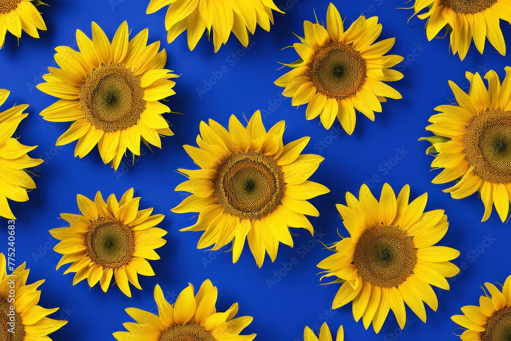 Vibrant pattern of many yellow sunflowers arranged on a blue background with a striking contrast Vibrant pattern of many yellow sunflowers arranged on a blue background with a striking contrast