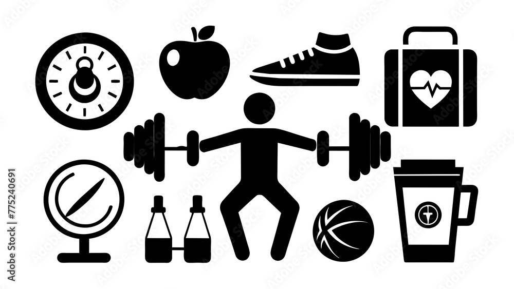 big-fitness-icon-set-vector-black-and-white-background vector illustration