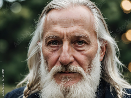 Close up portrait of an old man with long white beard and mustache. Biblical character. © Anna