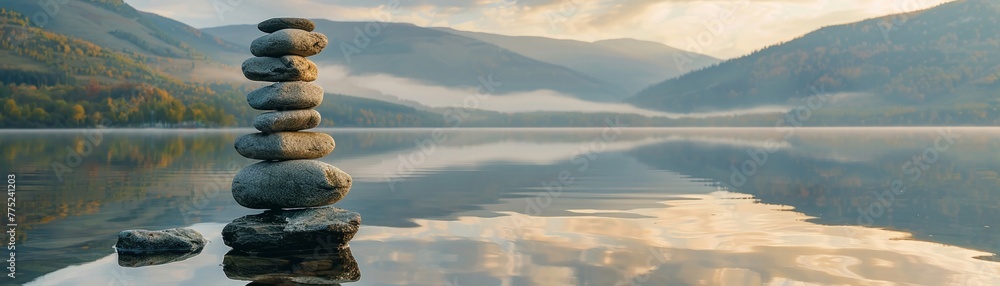 A solitary Zen stone stack beside a calm lake, reflecting the first light of sunrise, symbolizing balance A solitary Zen stone stack beside a calm lake, reflecting the first light of sunrise, symbolizing balance