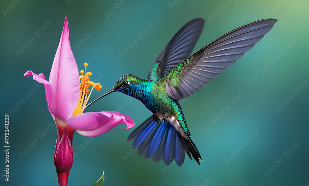 beautiful azure hummingbird drinking nectar from pink flower against azure blur background. macro. Digital artwork. Ai generated