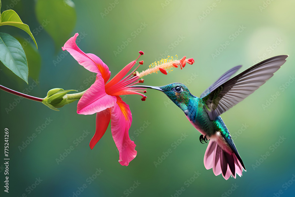 Fototapeta premium beautiful azure hummingbird flying under bright pink flower against green background. close up. Digital artwork. Ai generated