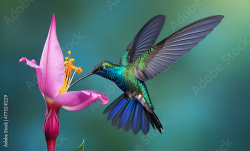 beautiful azure hummingbird drinking nectar from  pink flower against azure blur background. macro. Digital artwork. Ai generated