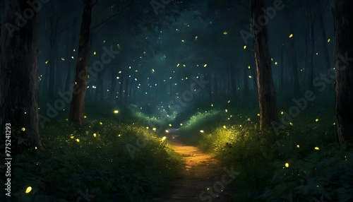 A Serene Forest With Fireflies Lighting The Way © Faisal
