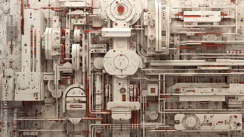 Fototapeta Naklejka Na Ścianę i Meble -  Background with metallic panels texture, wires and circuit. Spaceship hull wall technology background.