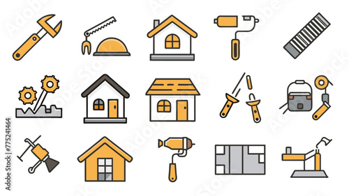  set-home-renovation-color-line-icons-repairman- white background vector illustration