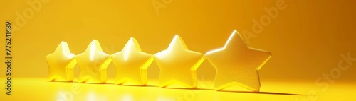 A glowing fivestar rating against a bright yellow background, symbolizing high satisfaction and approval photo
