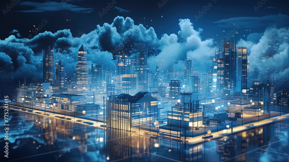 Concept of a digital city with cloud connections. Futuristic network in the clouds.