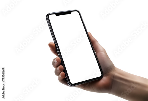 front view of modern smartphone with transparent screen in hand on transparent png background, smartphone in hand with transparent screen, png mockup for any background and any image on the screen