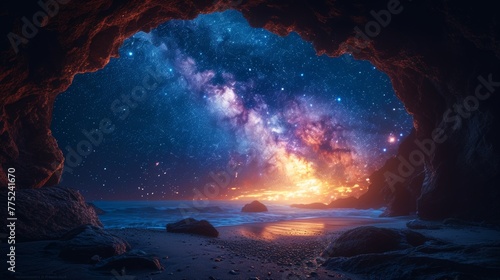 View of the milky way from a sea cave photo