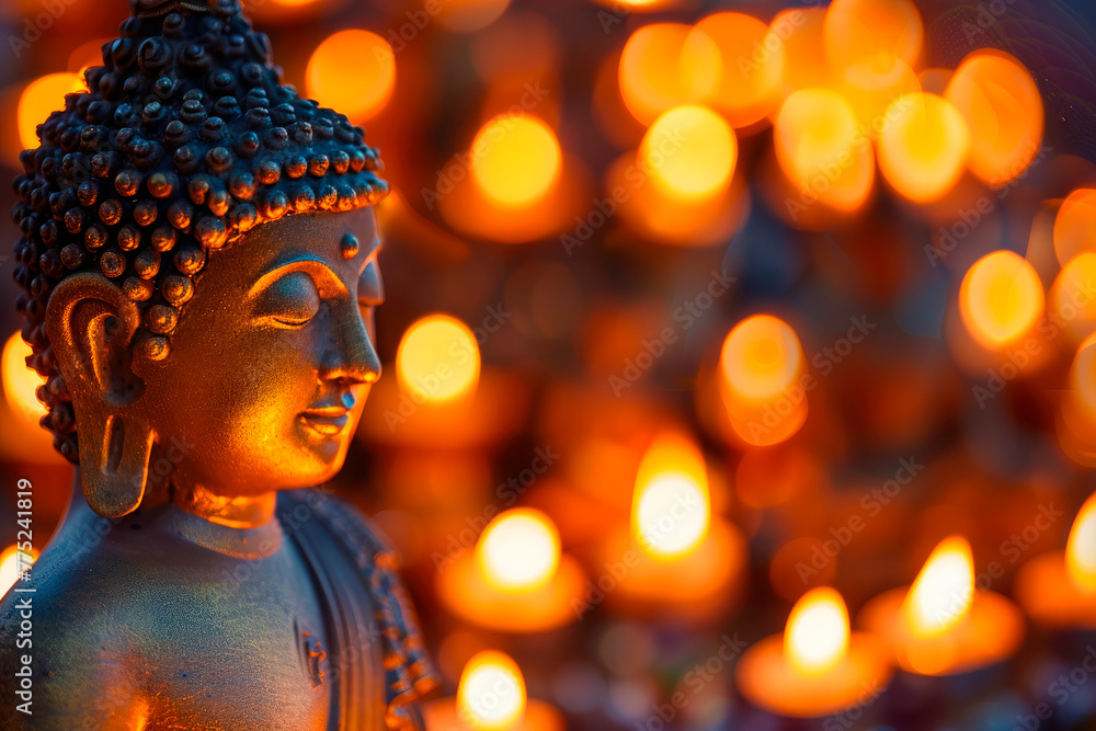 Happy buddha purnima. Buddhist figure with candles on a dark background with copy space. national day of birth of buddha