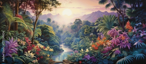 A vibrant artwork portraying a lush tropical jungle scene with a winding river flowing through dense foliage and towering mountains in the background © AkuAku