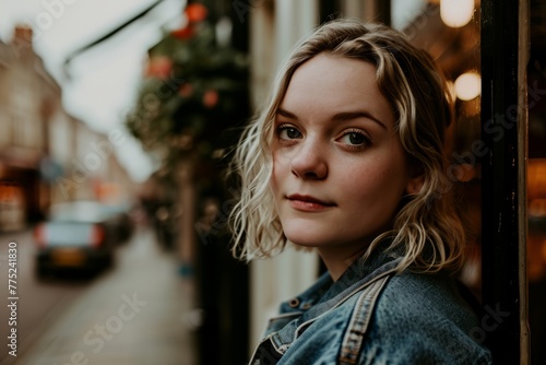 Portrait of a beautiful girl in a denim jacket on the background of the city.