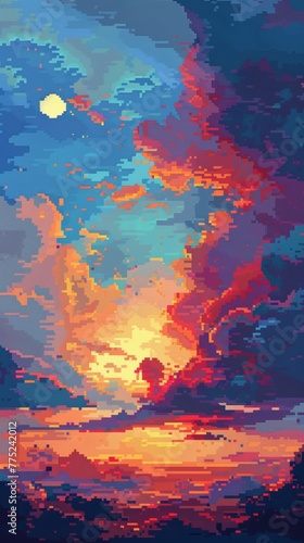 Pixel art style sunset over the ocean